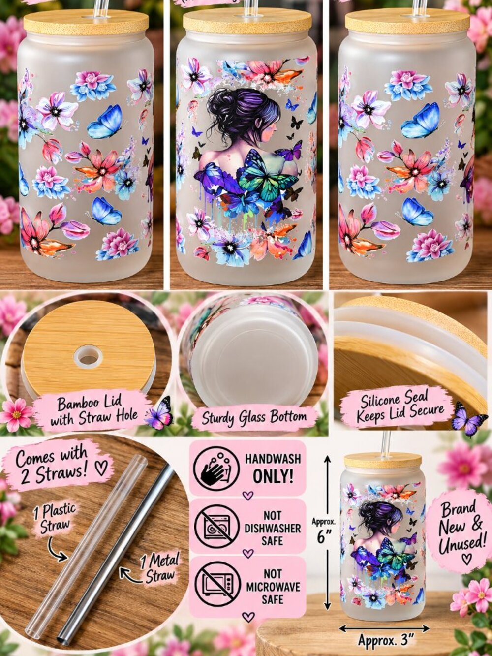 Butterfly Floral Girl Frosted Glass Tumbler 16oz Bamboo Lid 2 Straws